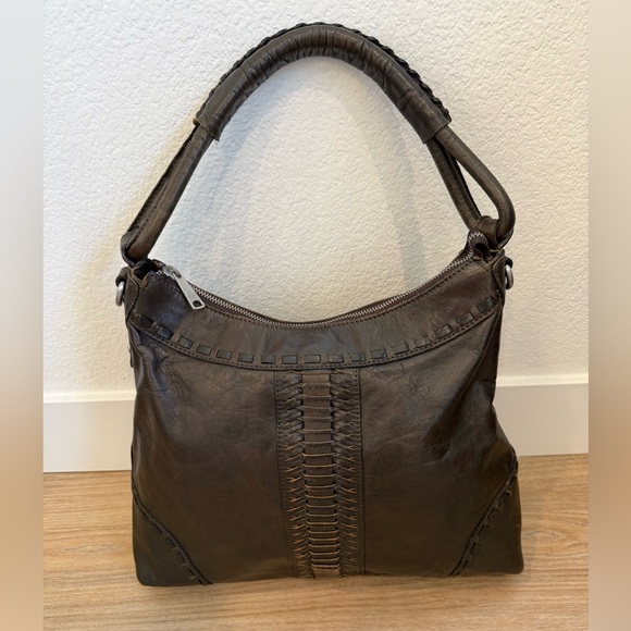 Patricia Nash Brown Leather Woven Detail Hobo Shoulder Bag (brown/olive green)
